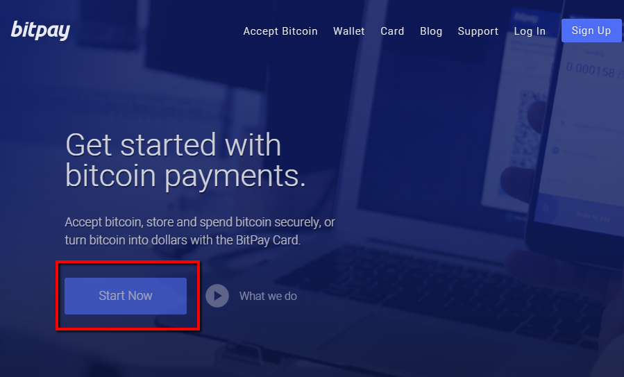 Start Now button on BitPay - your first step to accept Bitcoin on WordPress