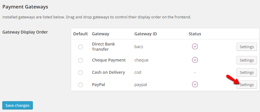 accessing the settings for the paypal method