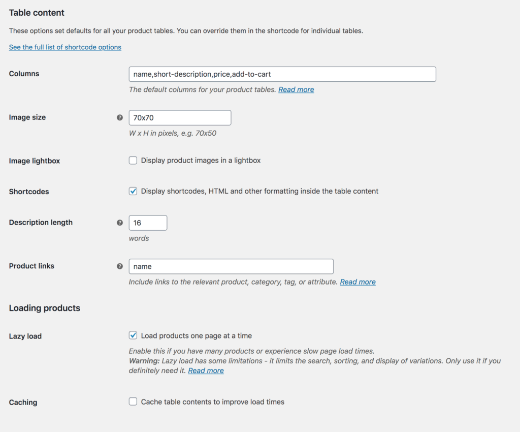 WooCommerce Product Table Content