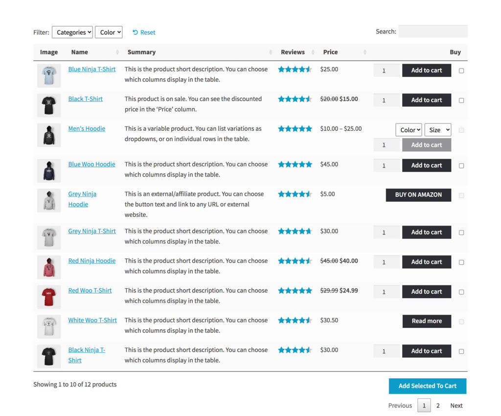 Create WooCommerce Product Table list view with customizable columns & add to cart buttons